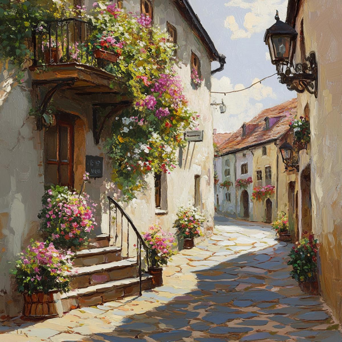 The streets of the old town in flowering of plants and trees