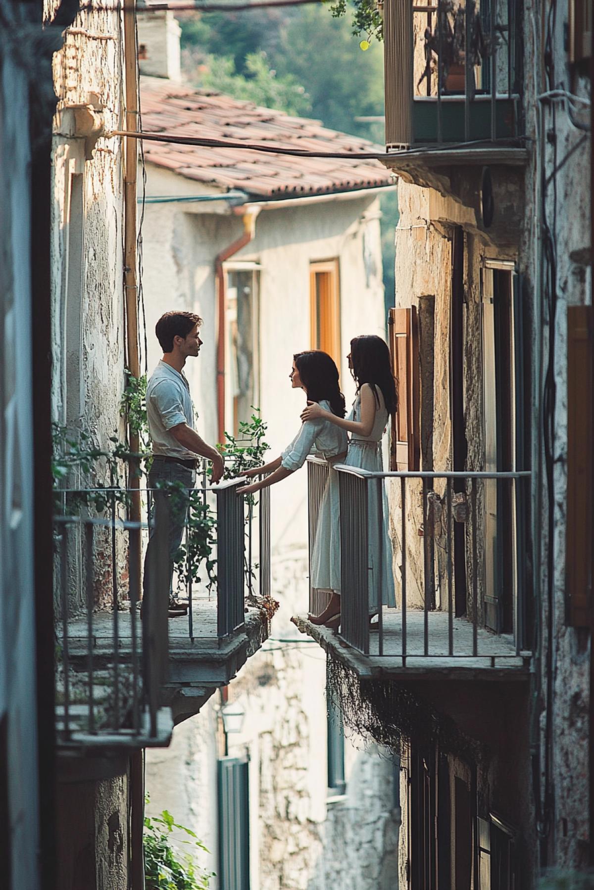 A very narrow street in an old Greek town. The balconies of two neighboring buildings are very close to each other. On one balcony stands Romeo, and on the other balcony stands Juliet. They are standing on different balconies. The lovers reach out to each other, embrace, and kiss.