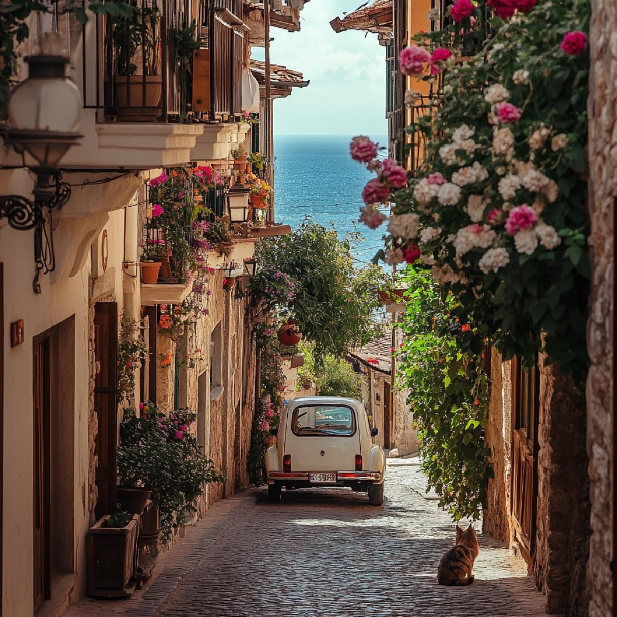 Turkey, Antalya, the Old City, a narrow street, balconies with flowers, cats, retro car, summer, in the background of the sea, old quality, highquality photos