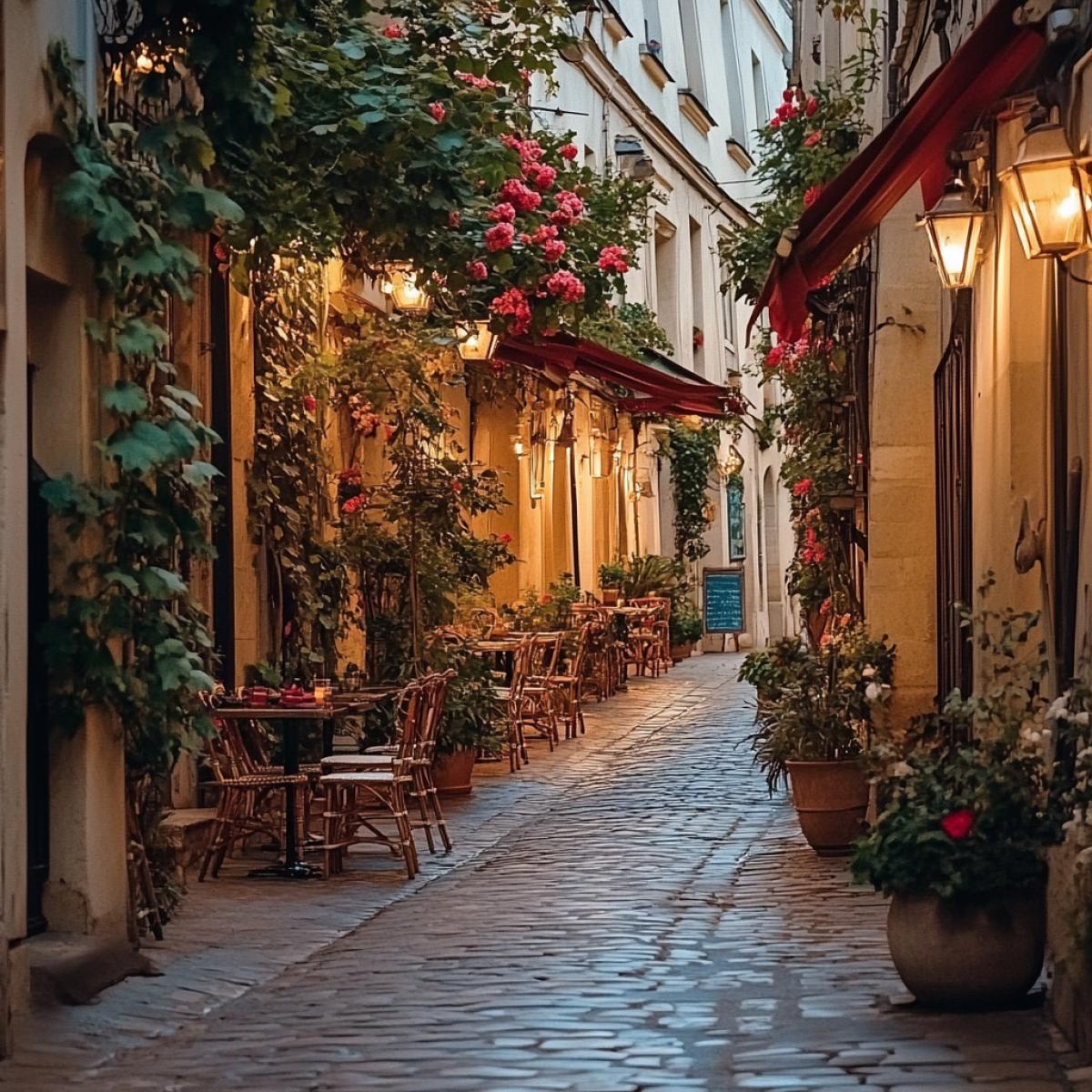 Stroll through a dreamy cobblestone street adorned with lantern-lit cafés and lush flower pots. The ultimate setting for serene evenings and inspiration.