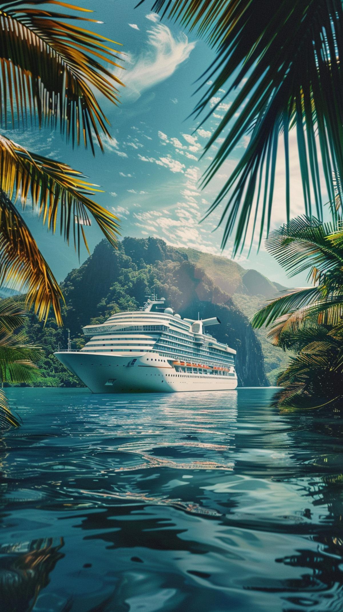 A luxurious cruise liner passes next to the tropical island, a view from a thirdperson, a photograph of high quality,