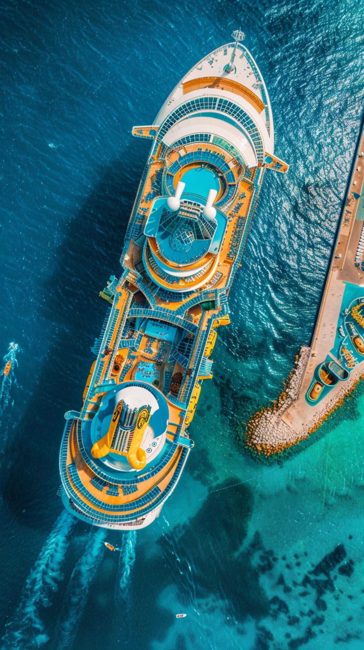 Fantastic big ocean cruise liner in the form of a big gravitational platform soars above the water, on the platform of the entertainment park, the wheel of the review, the slides of the water park with the descent into the ocean, the atmosphere of rest on the turquoise sea