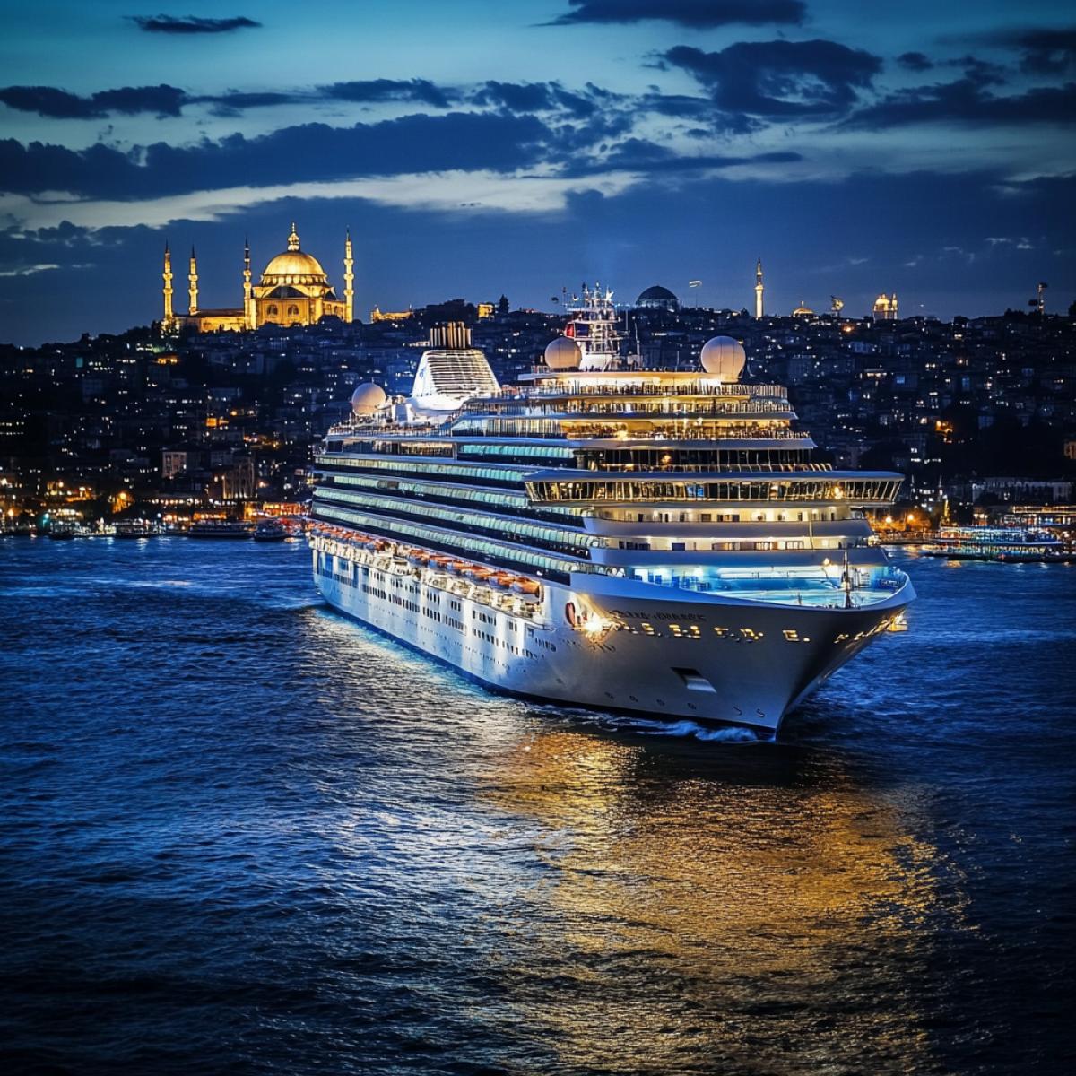 The cruise liner is expensive, luxurious, rich, lights shine, shine, luxury, pool, many tiers. Shine, against the background of the city of Istanbul. View from the photo of high quality