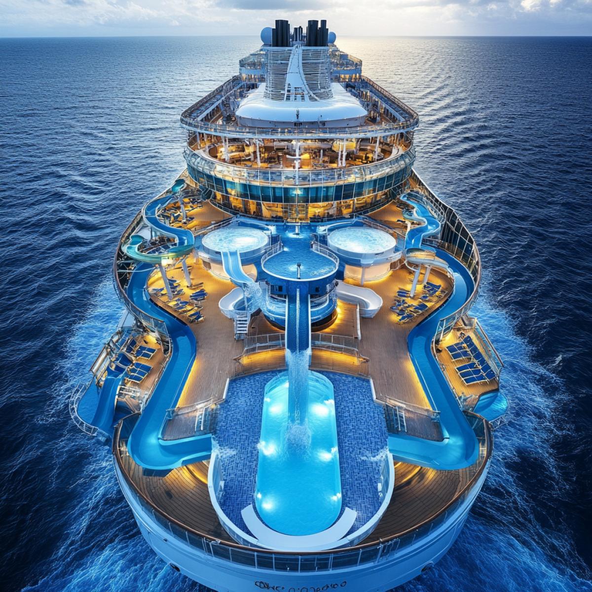 Dear cruise luxurious liner, many tiers, tall, with pools, water park, ultramodern. Track on the water. Shine, wealth. Photo of high quality. Advertising shooting, spectacular. a view from a thirdperson