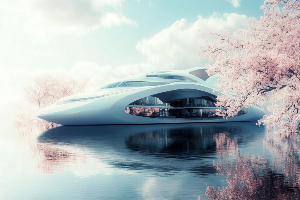 Cruise liner of the future in the bay near the blooming shore