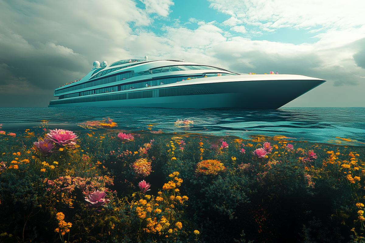 Cruise liner of the future in the bay near the blooming shore