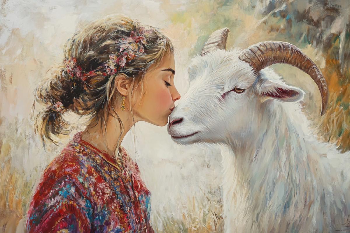 The girl and the white goat are looking at each other in love, around the heart, the day of the lovers, the tenderness of the hug