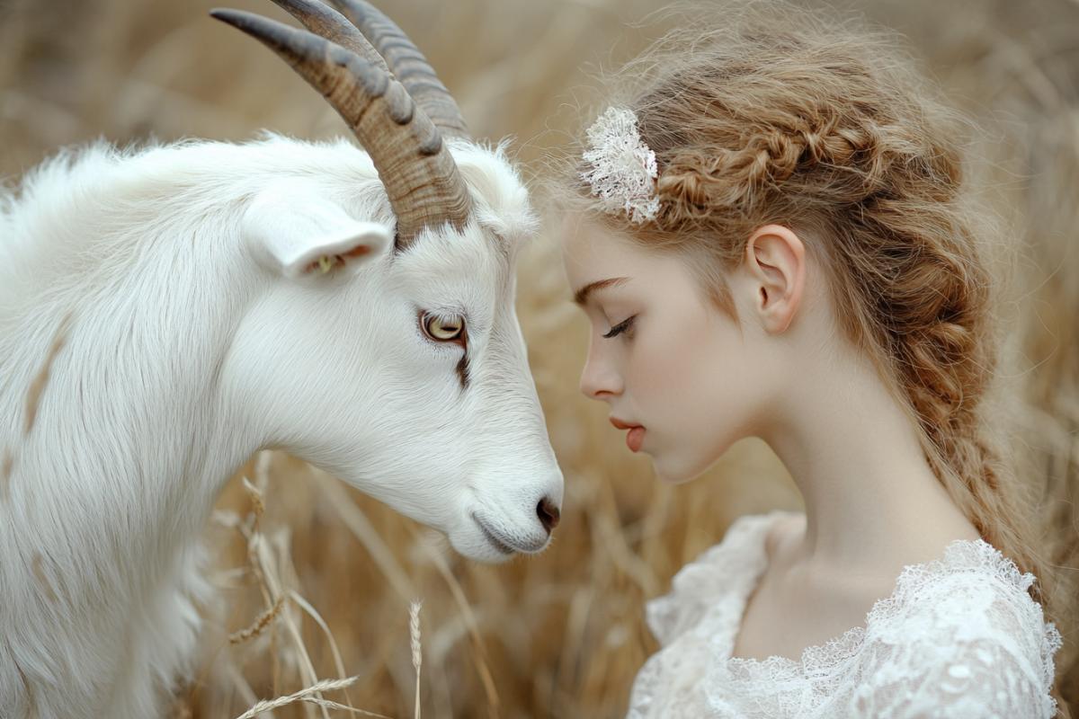 The girl and the white goat are looking at each other in love, around the heart, the day of lovers