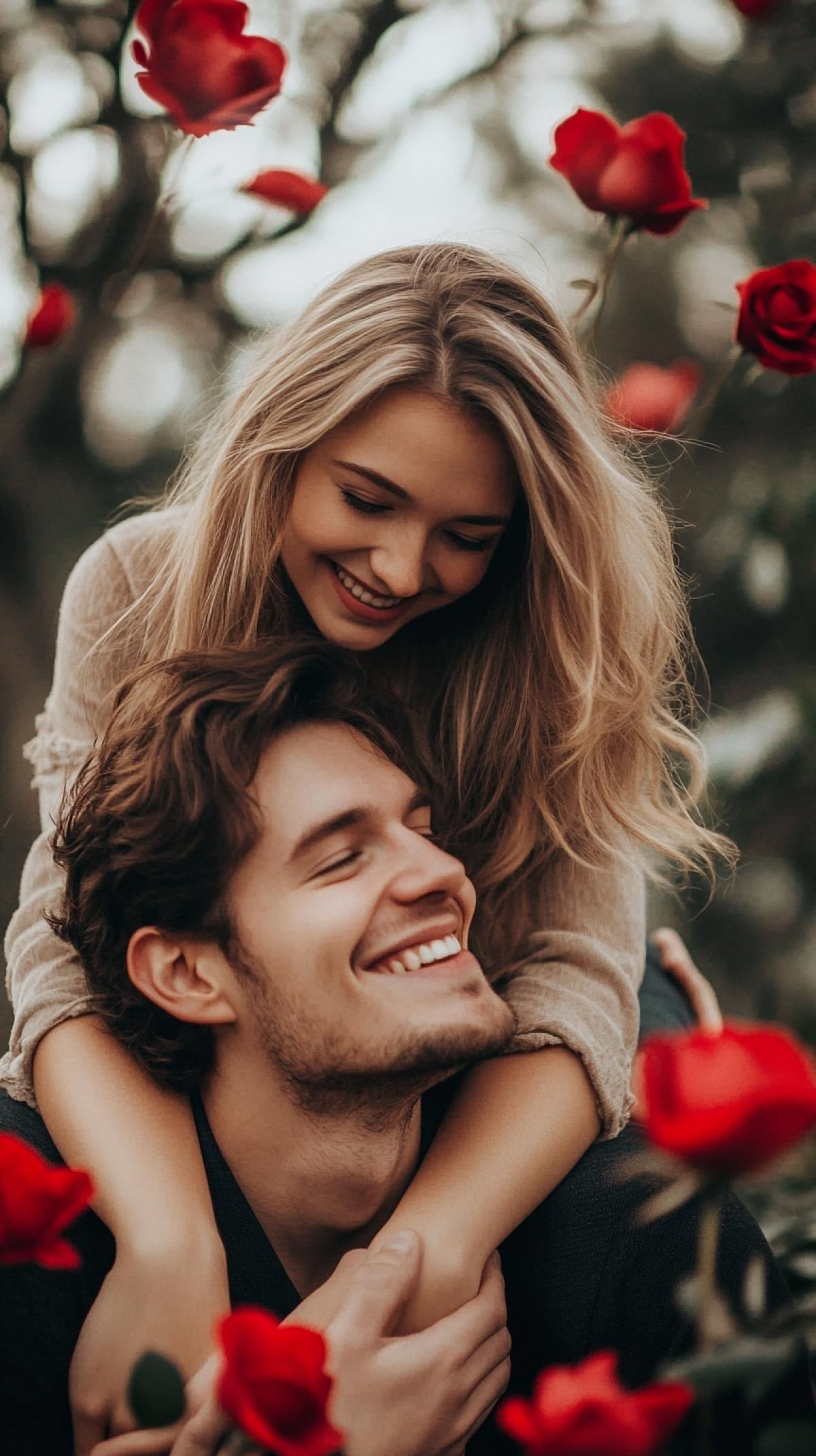 A woman sits on a man’s shoulders, lovers, laughter, joy, love. Hearts in the background, roses. Photo of high quality