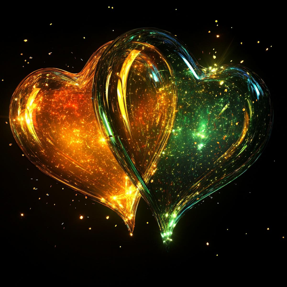 Two gas energy transparent hearts shimmering gold and green, orange, two hearts close to each other, neon, gold sparks