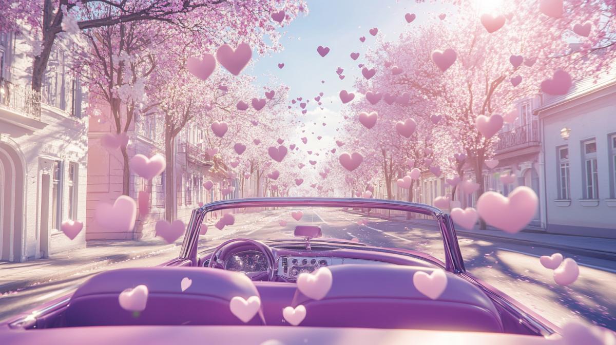 Panoramic photo. The car convertible is gently purple, filled with inflatable hearts. Hearts of inflated balls are white pink purple, in the car and in the sky. White pink purple houses, spring, flowering trees, street. Romance, love, retro. Ultrarealist