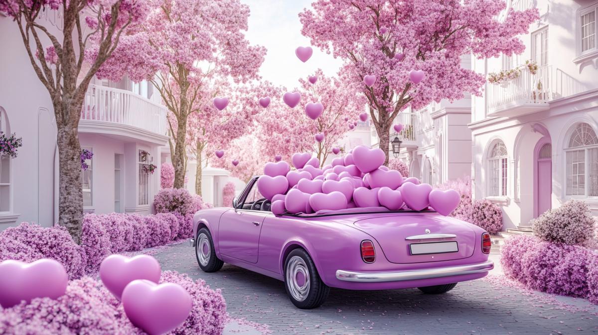 Panoramic photo. The car convertible is gently purple, filled with inflatable hearts. Hearts like inflatable balls of pink purple, in the car and in the air. White pink purple houses, spring, flowering trees, street. Romance, love, retro. Ultrarealist