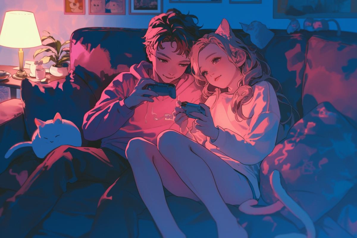 A couple of lovers of kittens romantically watch movies