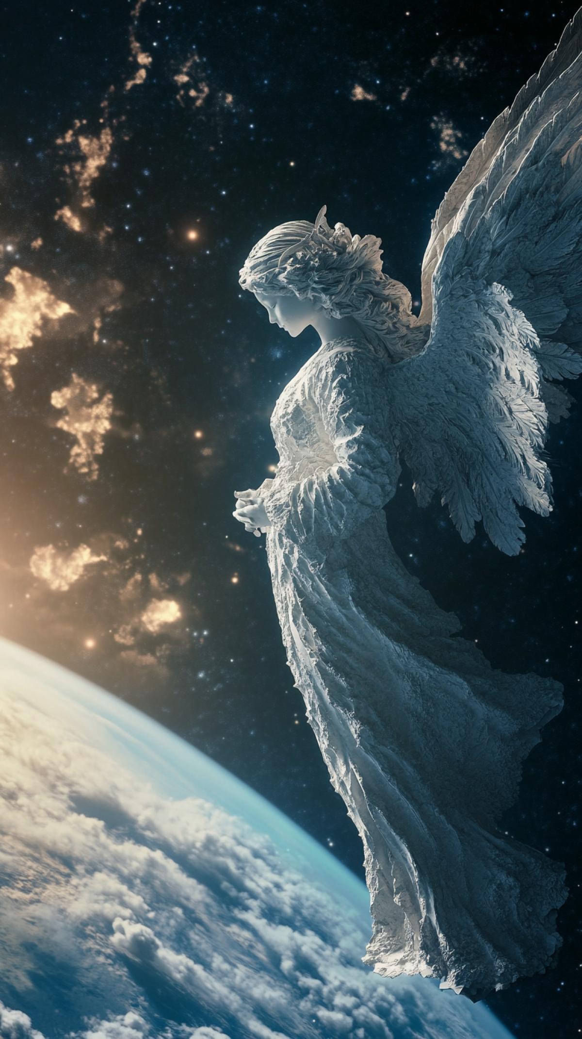 heavenly angel watching the Earth from space, the mood is grandeur and tranquility, highly detailed photo