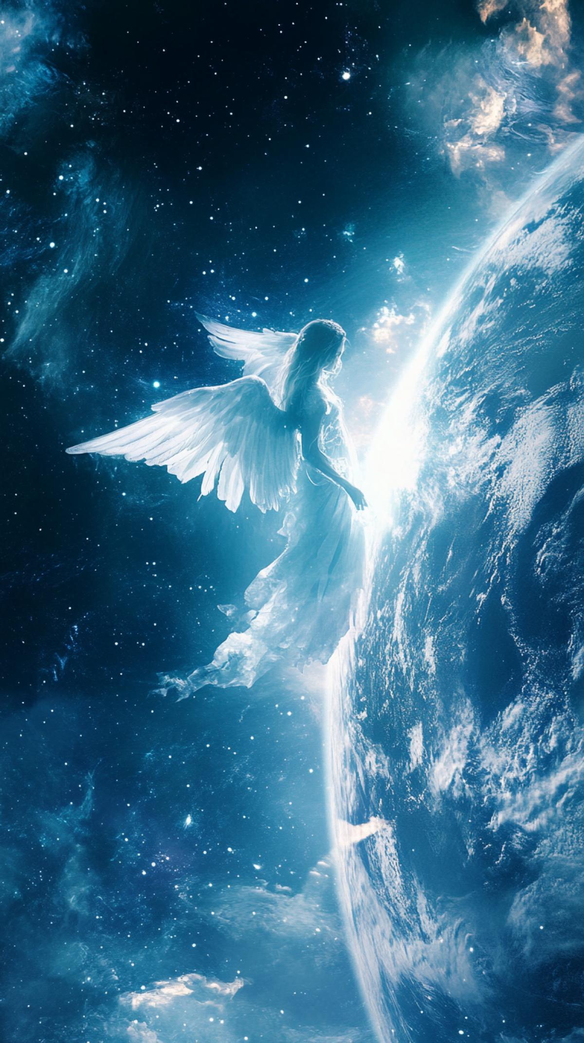 heavenly angel hovering, watching the Earth from space, the mood is grandeur and tranquility, highly detailed photo