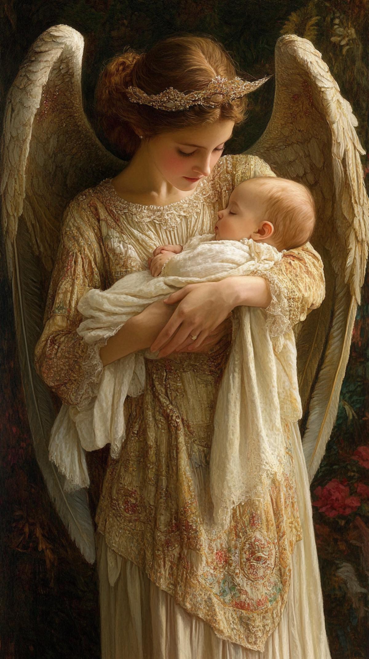 An angel cradles a baby in the cradle