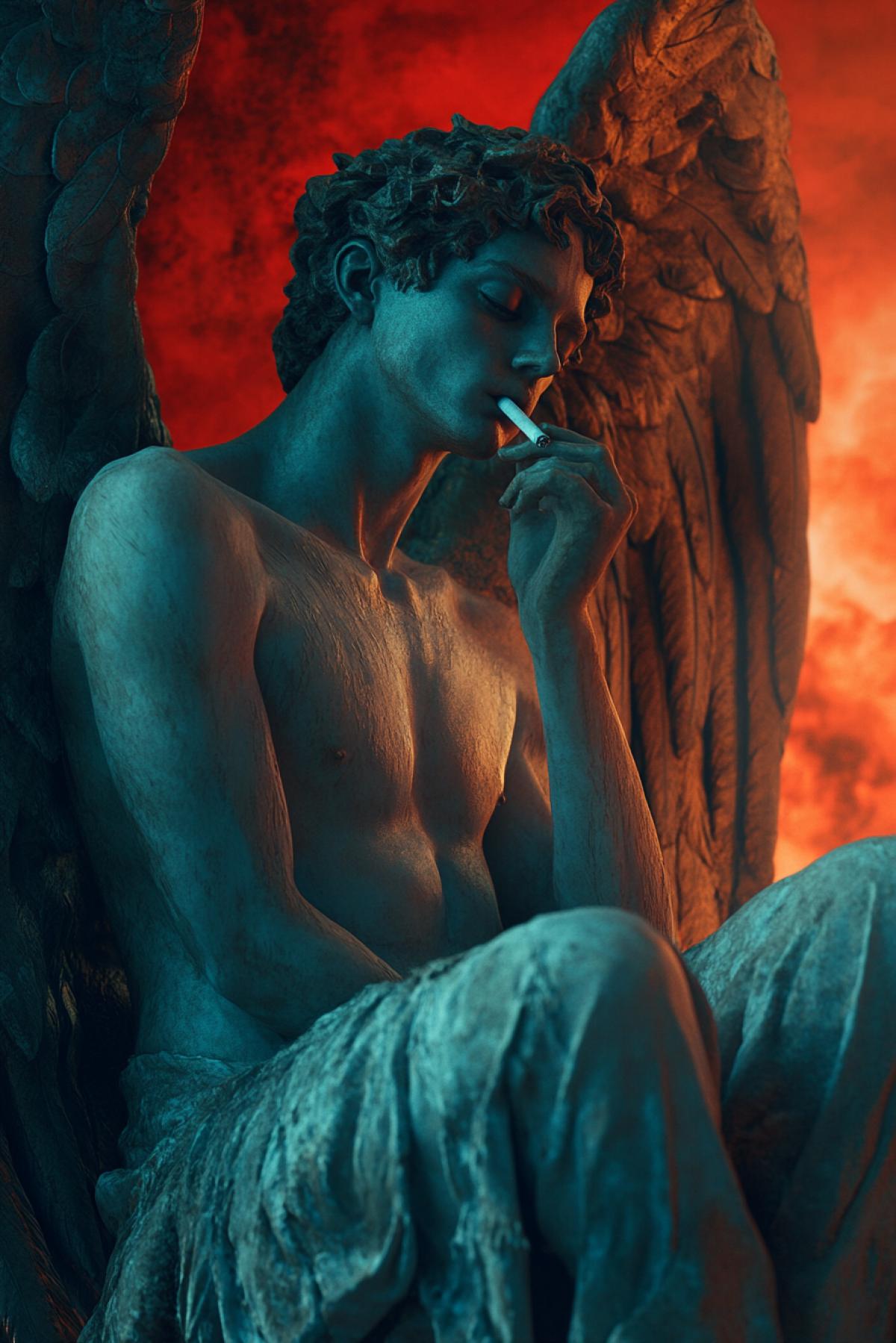 The angel nervously smokes a cigarette and looks into the scarlet sky, he has a tired look
