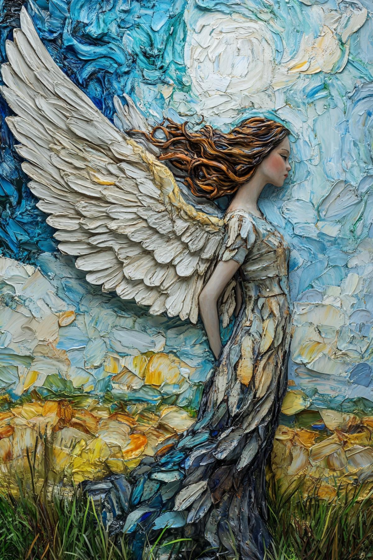 Angel, girl with large wings, in the style of Van Gogh