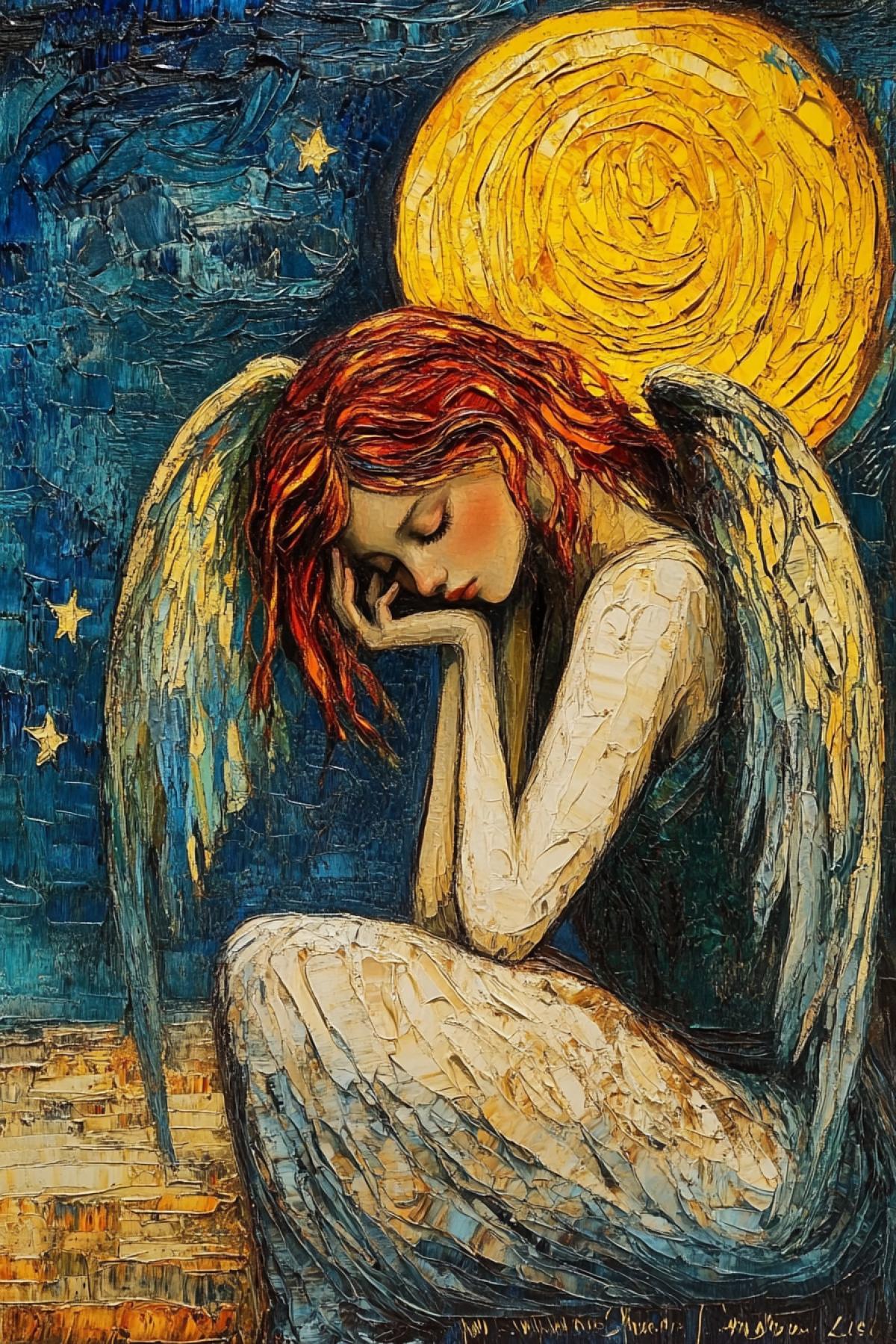 Angel, girl with large wings, in the style of Van Gogh