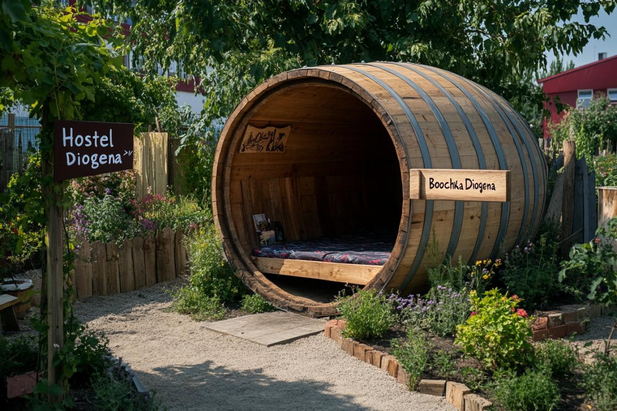 Creative mini hotel in the form of a barrel of sleep in a gateway, near a barrel a sign with the name of the hotel \"Hostel Bochka Diogena\"