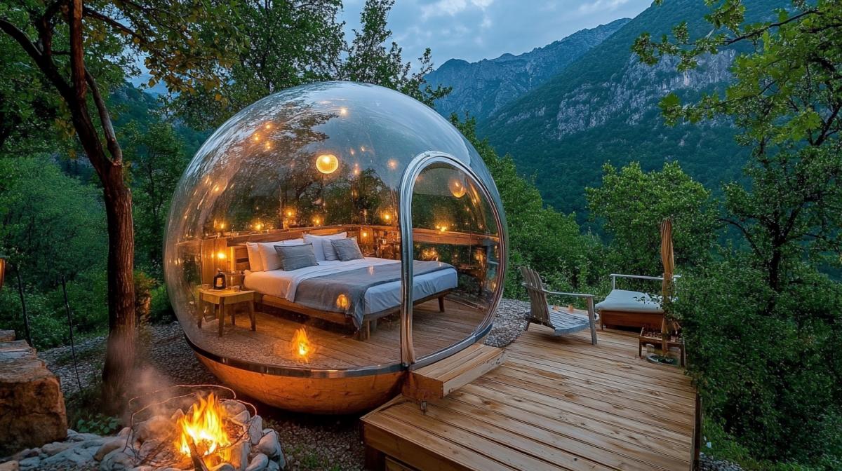 Creative Hotel Gleamping in nature in the form of a glass ball, starry sky, mountains and forest around. Inside the ball is a bed, furniture. Near the fire. Photo of high quality