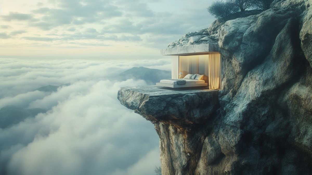 On a high rock in the mountains, on a ledge of rocks a small hotel with panoramic windows, inside the hotel, the bed is modern, fashionable. Outside, clouds, haze. Surrealism. Photo of high quality. Creative