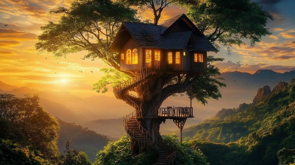 House Hotel on a tree, in the windows of light, tropical forest, mountains, a beautiful sky at sunset, to the house of a staircase. Surrealism. Photo of high quality
