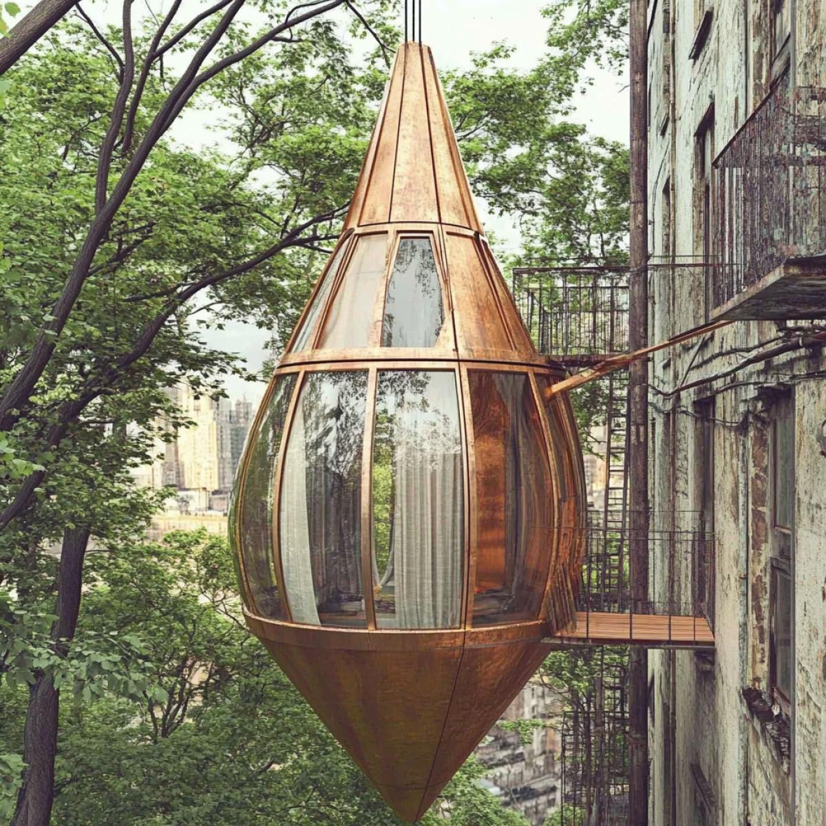 Create an image of a cozy, but unusual place, whether it is a house in a forest with futuristic elements, an old building transformed into a modern shelter or a floating hotel with nonstandard architecture.