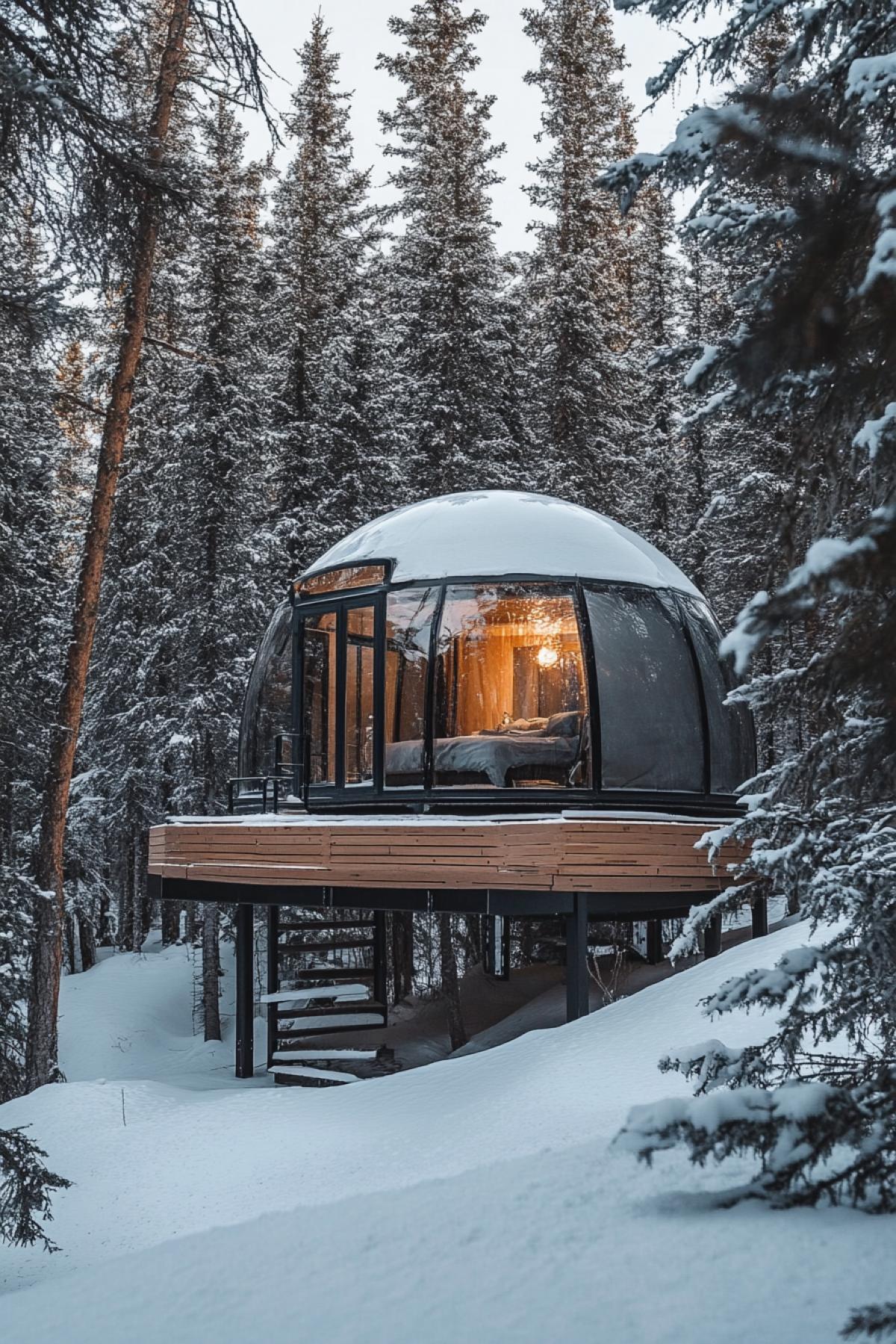 Mini hotel with a glass dome in a snowy forest