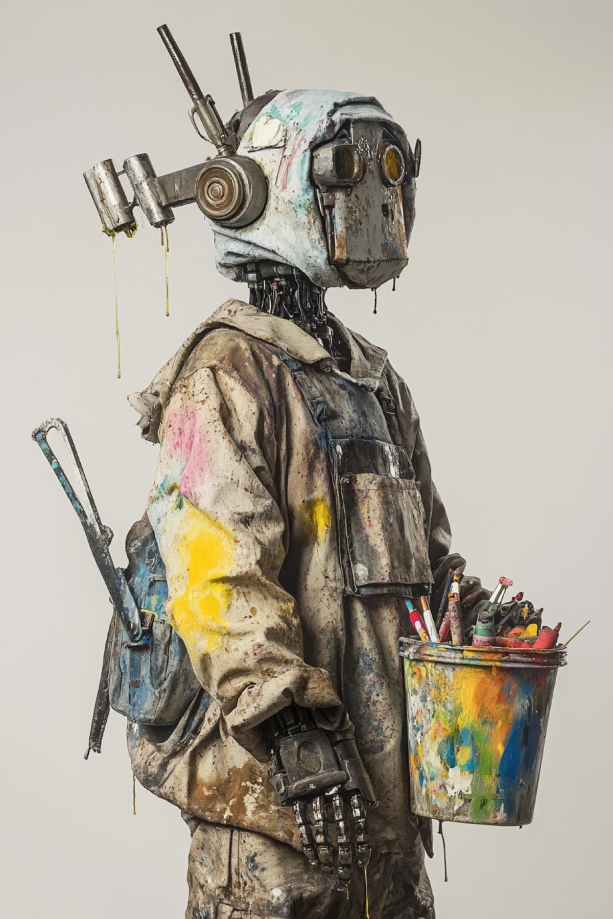 An anthropomorphic robot dressed as an artist. The robots ear is bandaged with a rag stained with traces of used machine oil. In one hand, it holds a hacksaw dripping thickly with motor oil, and in the other, it holds a bucket of bright paints. The drawing is done in the style of the artist Van Gogh.