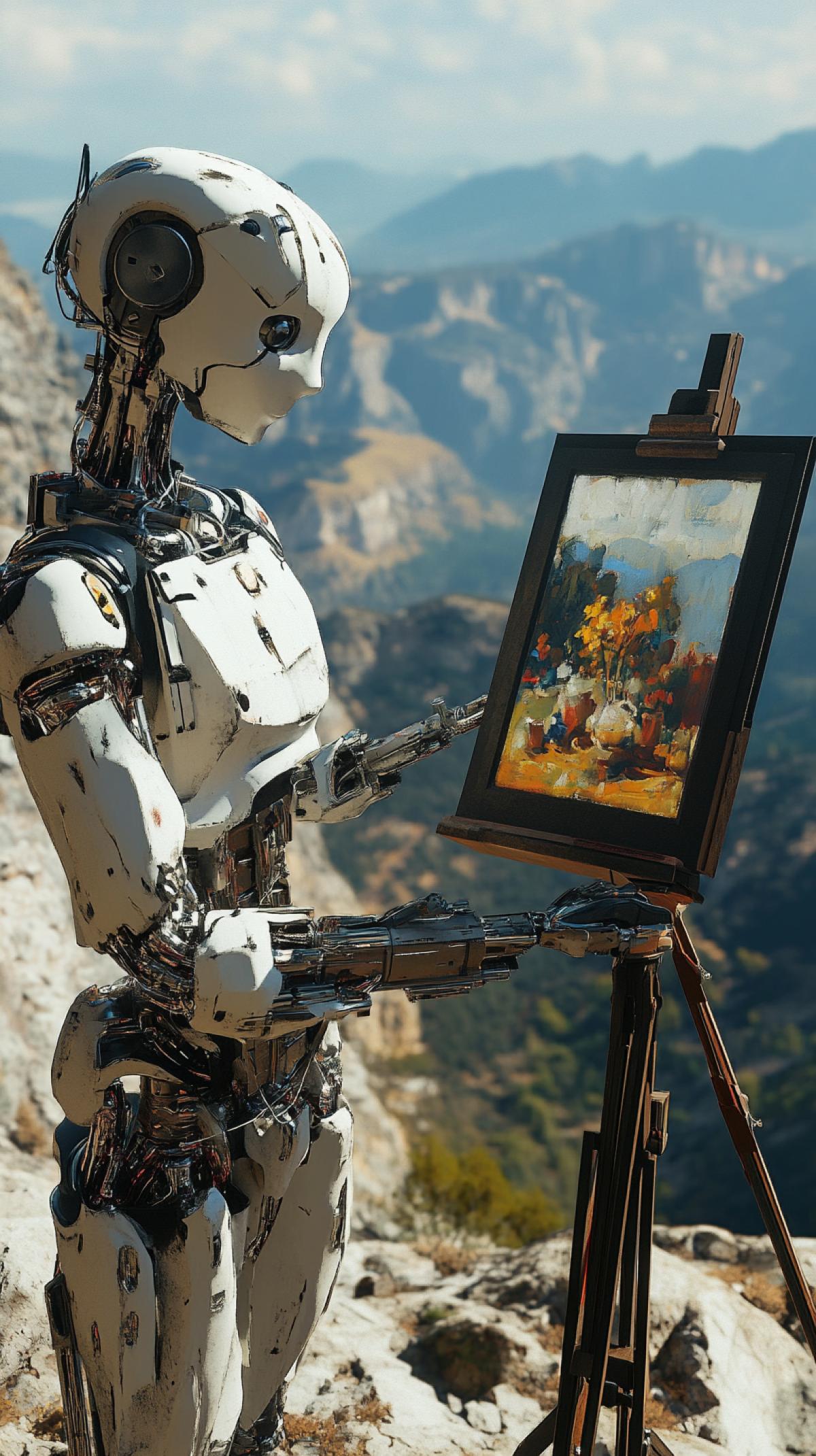 A humanoid robot draws a still life on a hillock with oil paints