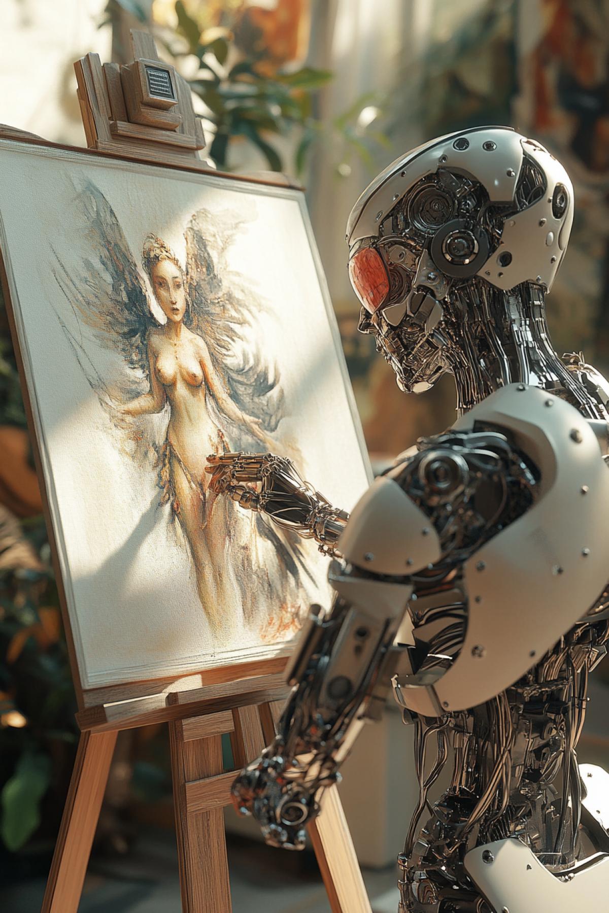 a robot artist draws an eccentric painting on an easel, complex 3D rendering with ultra-detailed rendering of a beautiful angel, a biomechanical cyborg draws an analog, beautiful natural soft light around the edges, large leaves and stems, roots, fine lace foliage, colorful details, samurai, Boris Bijan Saberi costume, pearl earrings, piercing, embroidery in the style of art Nouveau, intricate details, wire 4k, Mandelbrot fractal, anatomy, facial muscles, cables, microchip, bully, hyperrealistic, over-detailed, octane rendering, volumetric lighting, 8k postproduction, red and white with a touch of dark, detailed metal bones, half-man, rainbow colors, Glenn Brown style, white room, divine power, foreshortening, difficult 4k