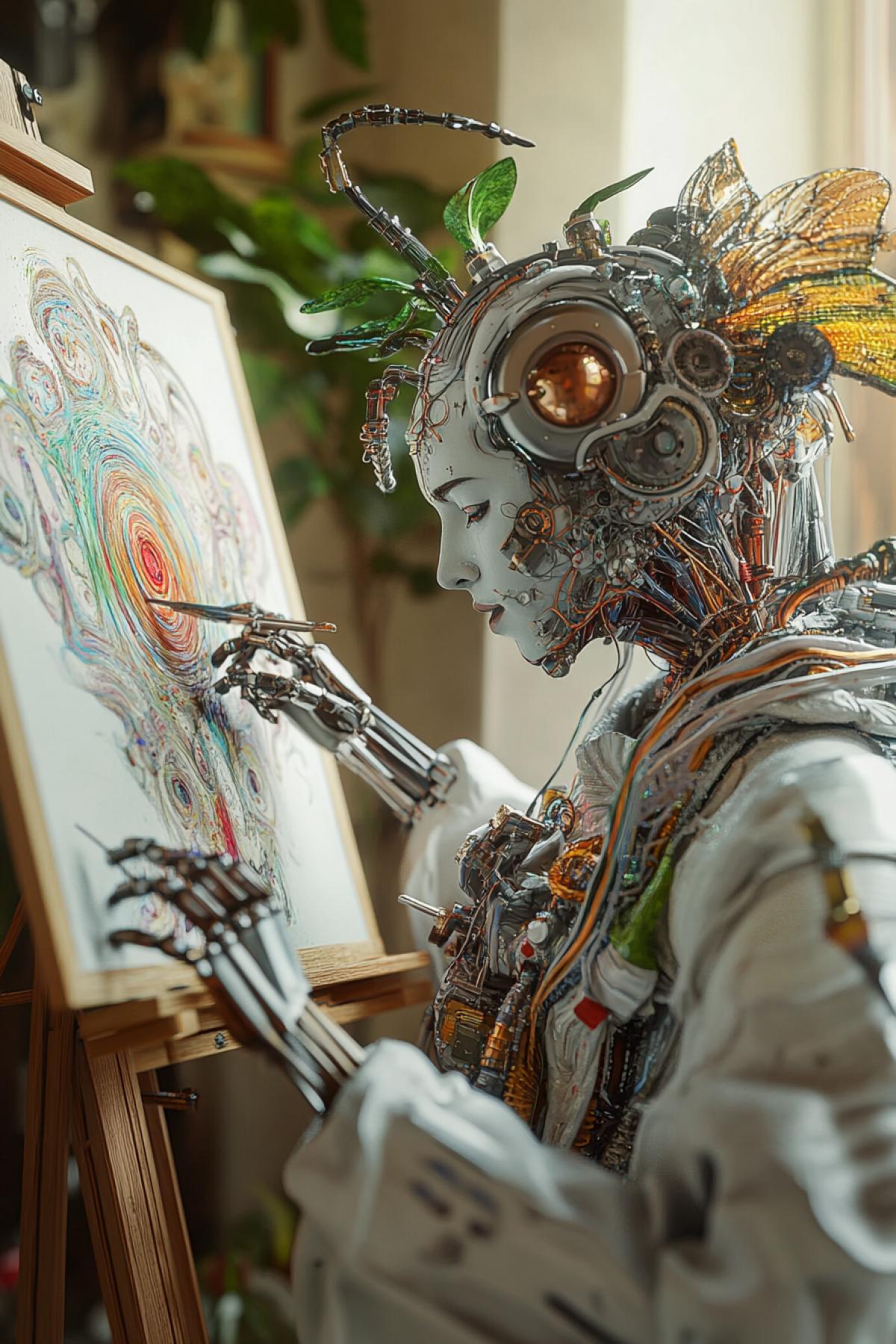 a robot artist paints an eccentric painting on an easel, complex 3D rendering with ultra-detailed rendering of a beautiful angel, a biomechanical cyborg creates a masterpiece, an analog, beautiful natural soft light at the edges, large leaves and stems, roots, fine lace foliage, colorful details, samurai, Boris Bijan Saberi costume, pearl earrings, piercing, embroidery in Art Nouveau, intricate details, wire 4k, Mandelbrot fractal, anatomy, facial muscles, cables, microchip, bully, hyperrealistic, overdetailed, octane rendering, volumetric lighting, 8k postproduction, red and white with a touch of dark, detailed metal bones, half-man, rainbow colors, Glenn Brown style, white room, divine power, foreshortening, difficult 4k