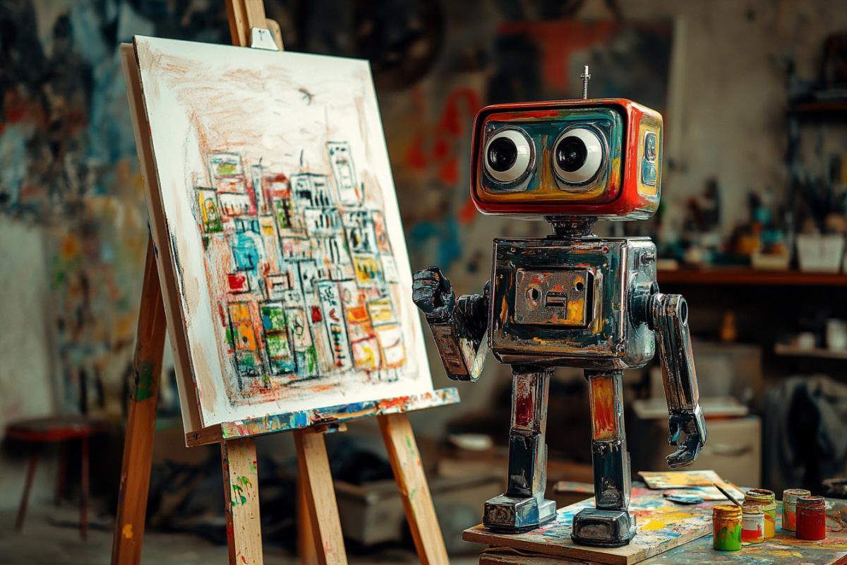 Robot child machine gun retro happy draws a childrens drawing with paints on the easel