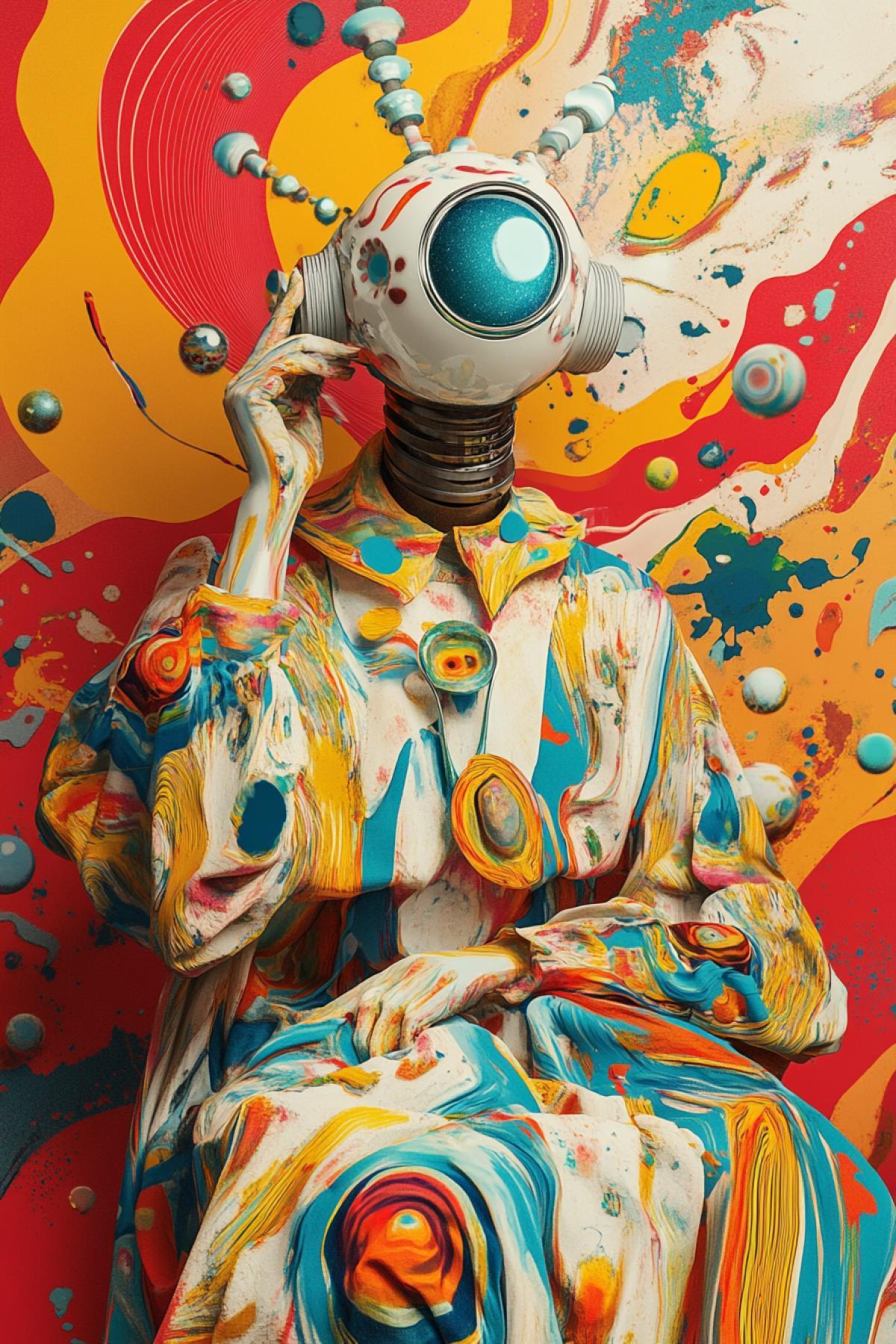 Robot the artist draws a picture, creativity, psychedelic, minimalism, madness, flicker, realistic image, photoshop