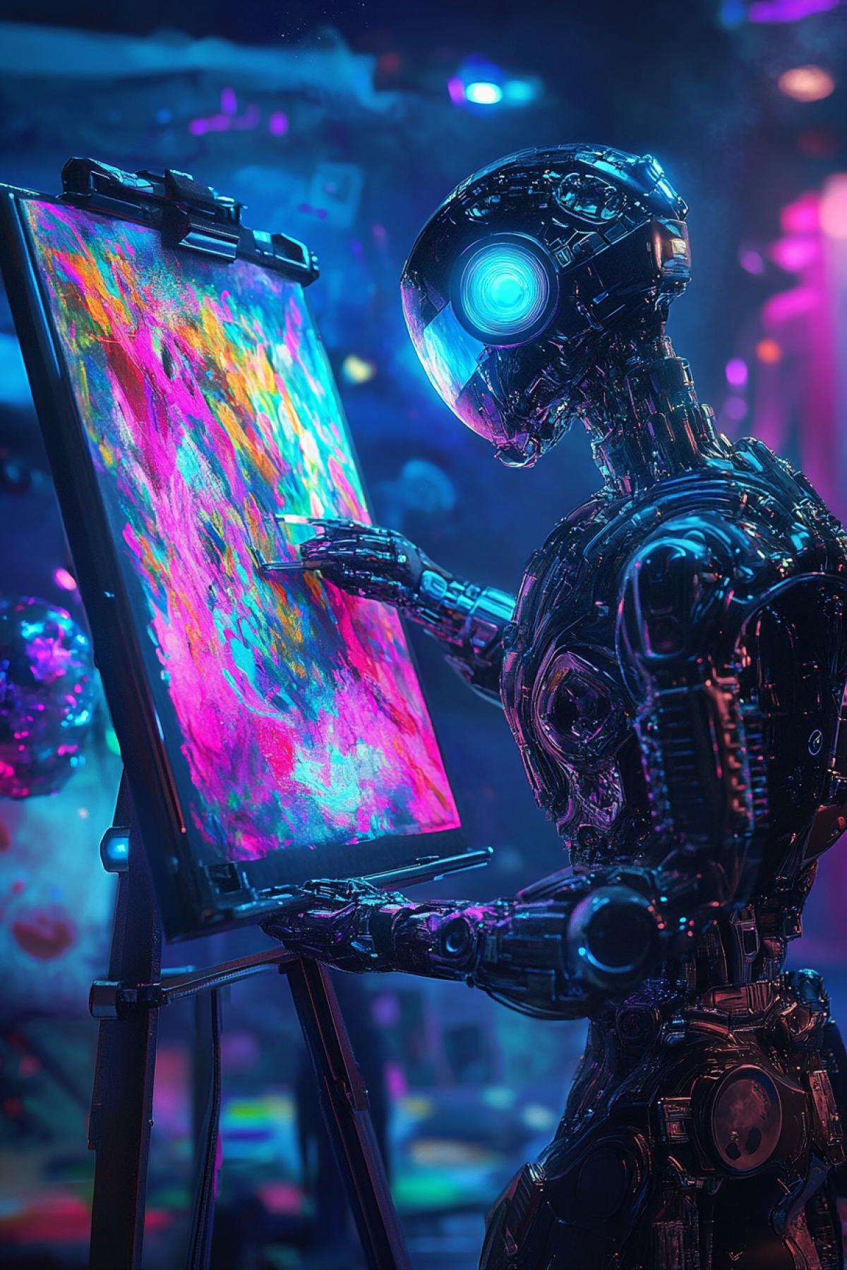 A futuristic robot artist in a neon-lit studio, meticulously painting a vibrant, surreal landscape on a holographic canvas. The robot has sleek, metallic limbs with intricate circuitry visible beneath panels, splattered with colorful paint. Its eyes glow with soft blue light, reflecting the digital brushstrokes it creates. Surrounding the robot are floating paintbrushes, glowing palettes of liquid light, and half-formed 3D sculptures of abstract shapes. The atmosphere blends cyberpunk aesthetics with Renaissance artistry, featuring dramatic shadows, iridescent color gradients, and ethereal particles floating in the air. Style: Hyper-detailed sci-fi realism with a touch of impressionism, blending organic and technological elements