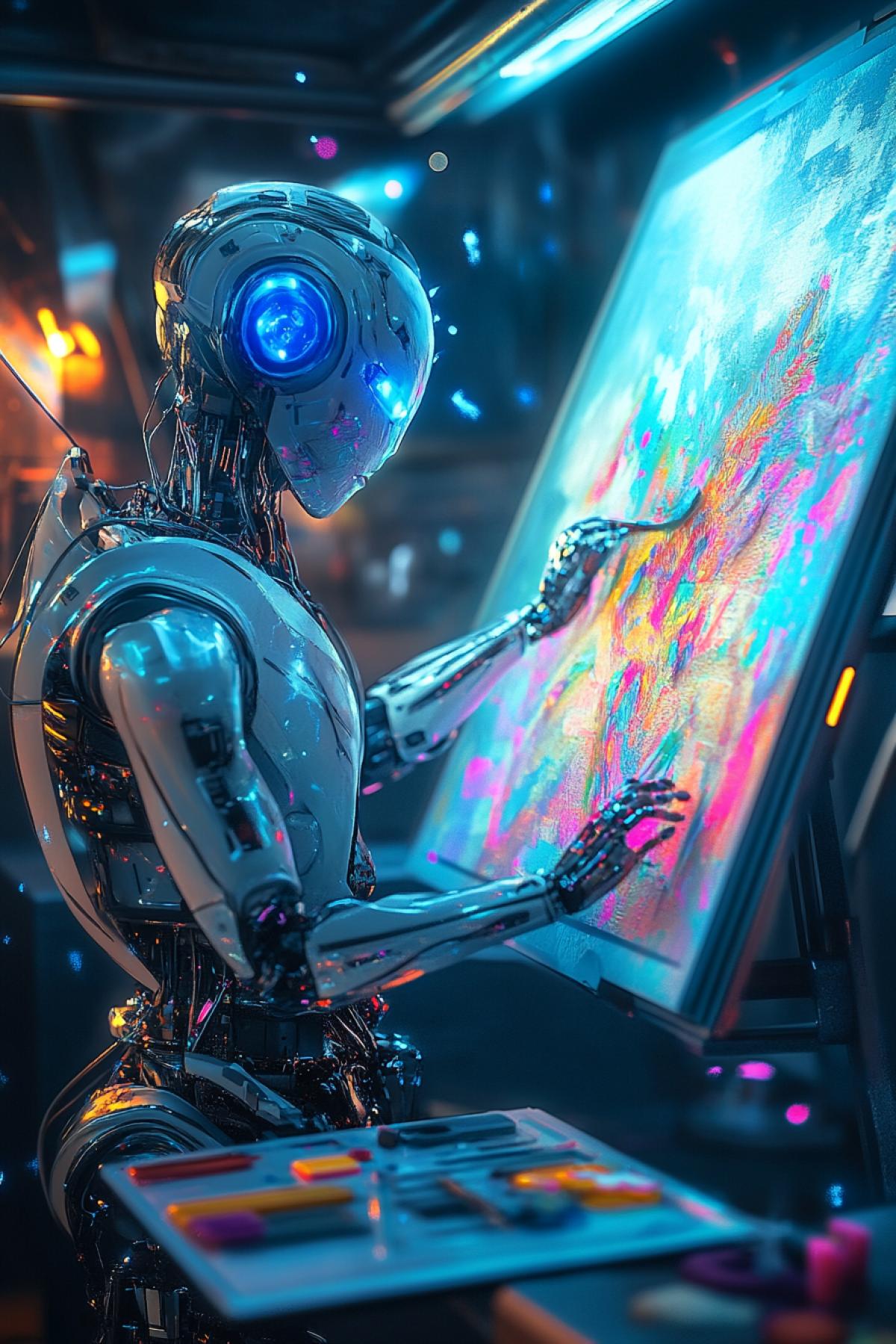 A futuristic robot artist in a neon-lit studio, meticulously painting a vibrant, surreal landscape on a holographic canvas. The robot has sleek, metallic limbs with intricate circuitry visible beneath panels, splattered with colorful paint. Its eyes glow with soft blue light, reflecting the digital brushstrokes it creates. Surrounding the robot are floating paintbrushes, glowing palettes of liquid light, and half-formed 3D sculptures of abstract shapes. The atmosphere blends cyberpunk aesthetics with Renaissance artistry, featuring dramatic shadows, iridescent color gradients, and ethereal particles floating in the air. Style: Hyper-detailed sci-fi realism with a touch of impressionism, blending organic and technological elements