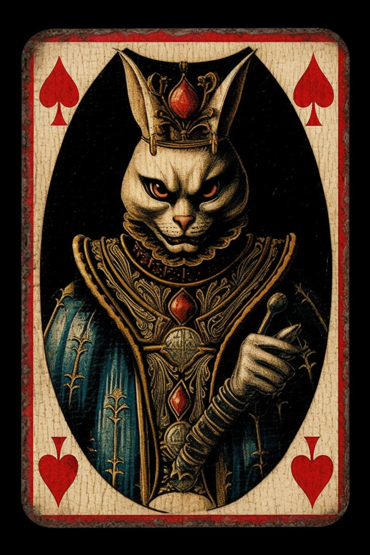 Image of a playing card with a portrait of an evil cat