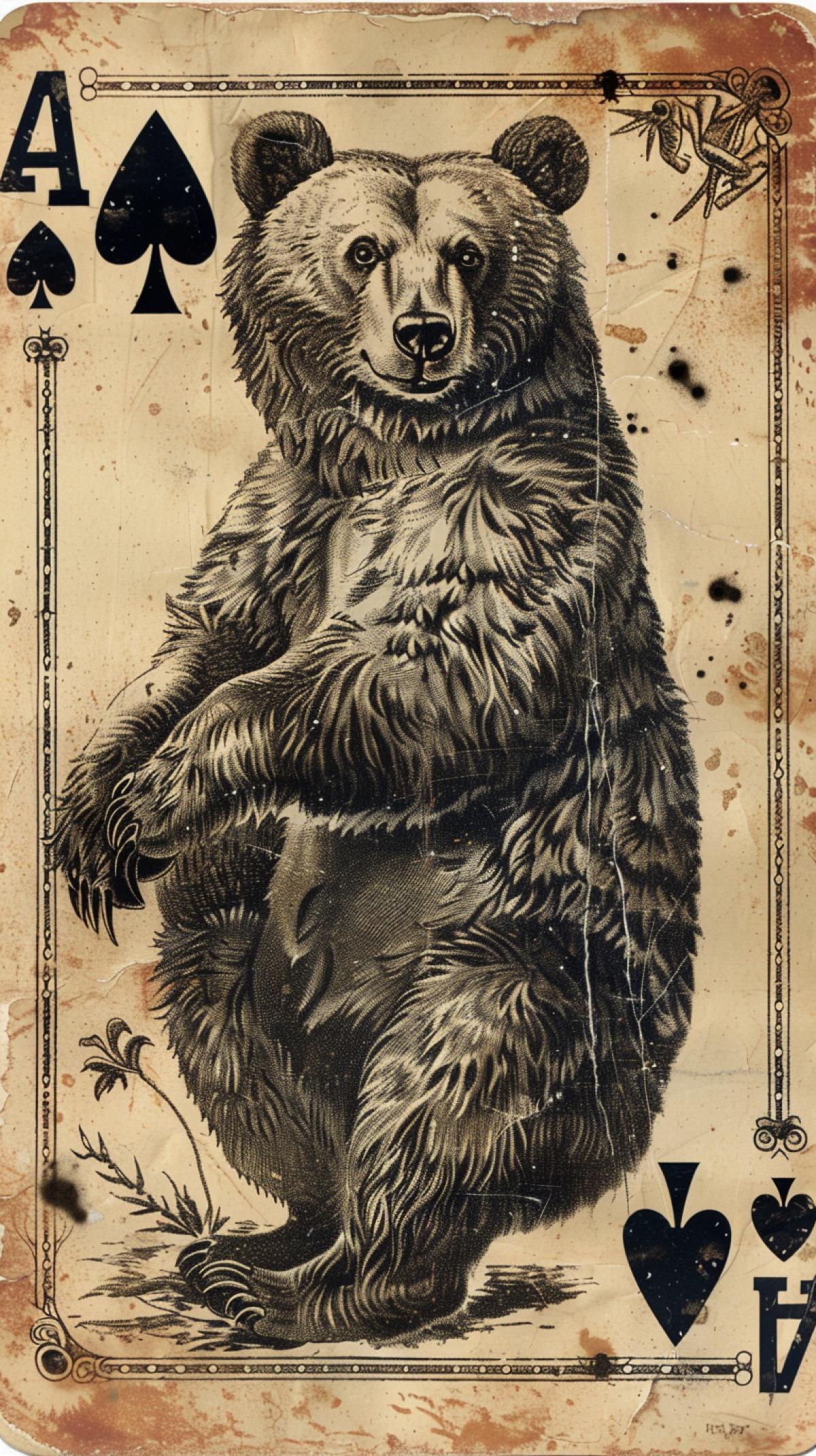 Playing card of ace bube, in the picture a bear on the hind legs