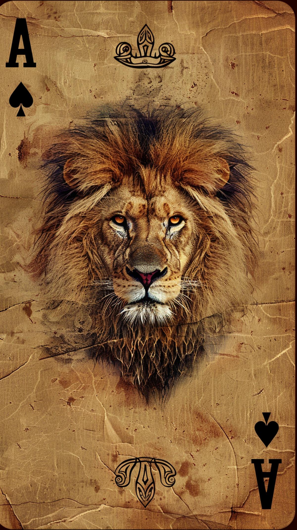 The image of a vintage playing card with a face value of ace of worms on which a lion is depicted. Adding original details to them: expressive features of the animal, dynamic 4k, atmospheric background.