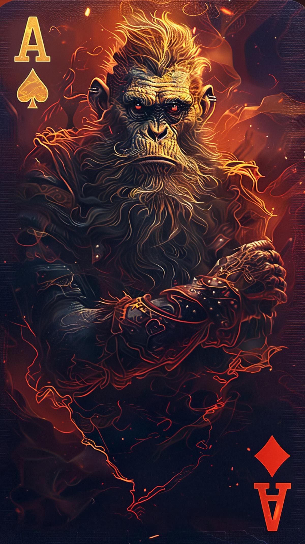 Create an image of a playing card with a face value of a jack, on which instead of traditional persons is an evil monkey with a beard from a chin. Adding original details to them: expressive features of the animal, dynamic 4k, atmospheric background.