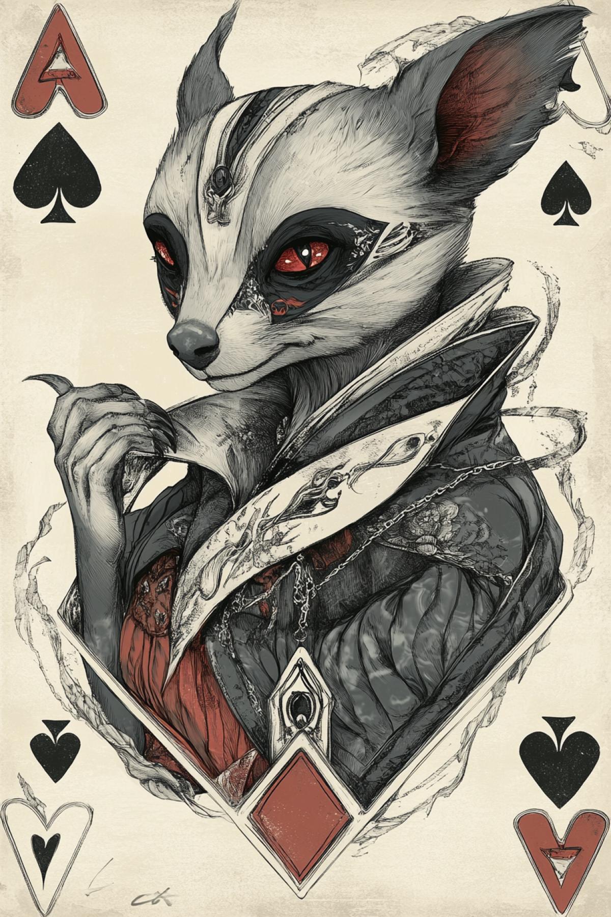 A playing card design featuring JoKeR demon ferret with diamond shaped cards, the Queen of Hearts in silver and gray tones, with an aged paper background. The art style is reminiscent of Tim Burtons character designs, with detailed line work and playful details
