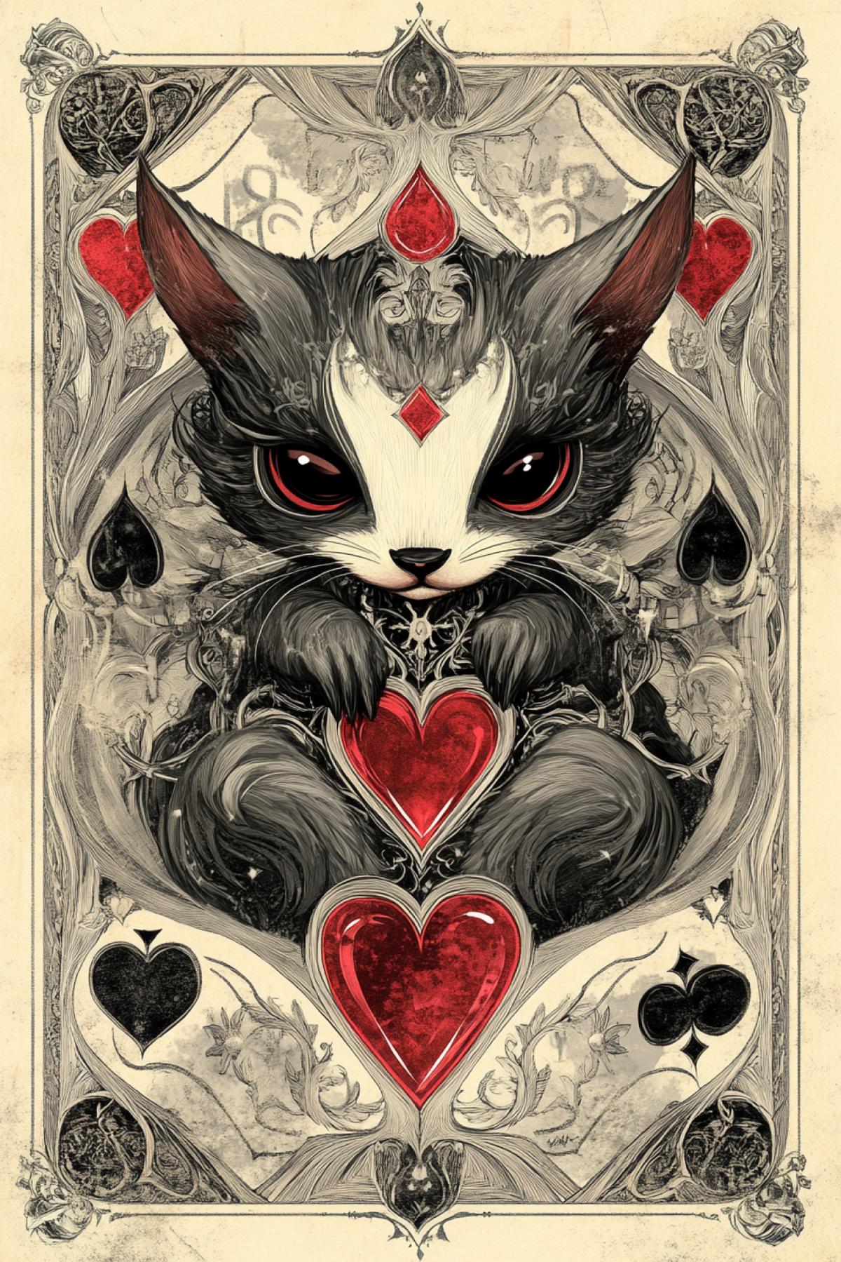 A playing card design featuring JoKeR demon ferret with diamond shaped cards, the Queen of Hearts in silver and gray tones, with an aged paper background. The art style is reminiscent of Tim Burtons character designs, with detailed line work and playful details