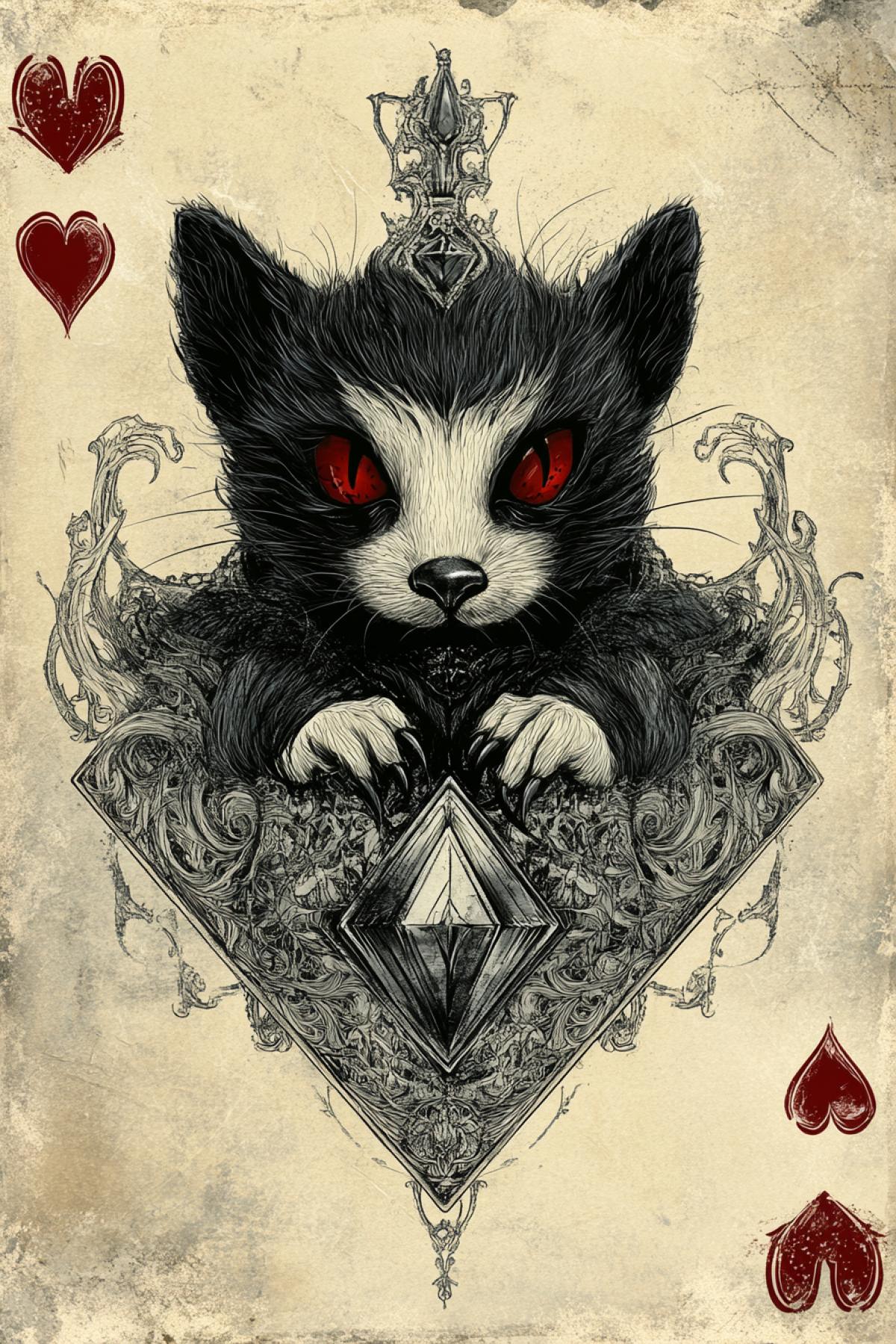 A playing card design featuring JoKeR demon ferret with diamond shaped cards, the Queen of Hearts in silver and gray tones, with an aged paper background. The art style is reminiscent of Tim Burtons character designs, with detailed line work and playful details