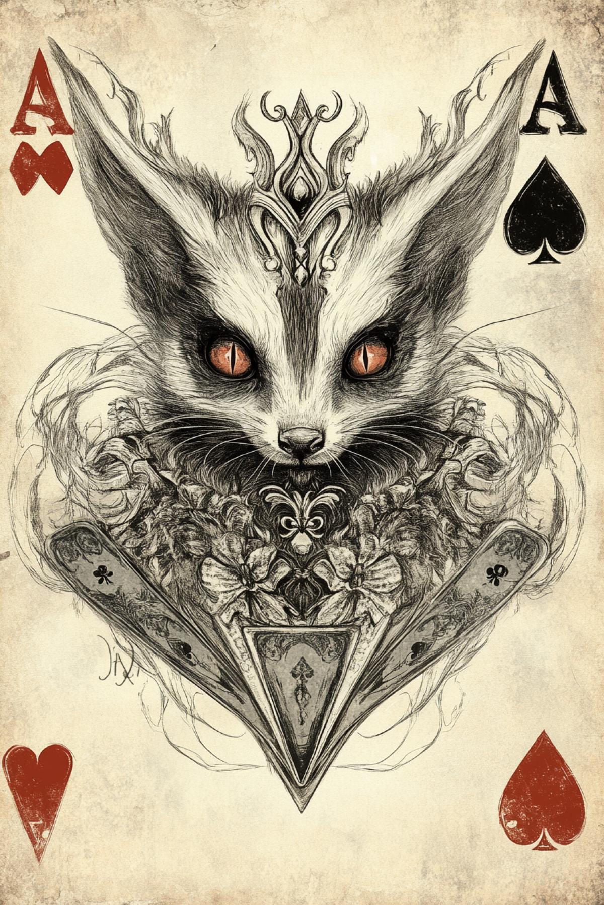 A playing card design featuring JoKeR demon ferret with diamond shaped cards, the Queen of Hearts in silver and gray tones, with an aged paper background. The art style is reminiscent of Tim Burtons character designs, with detailed line work and playful details