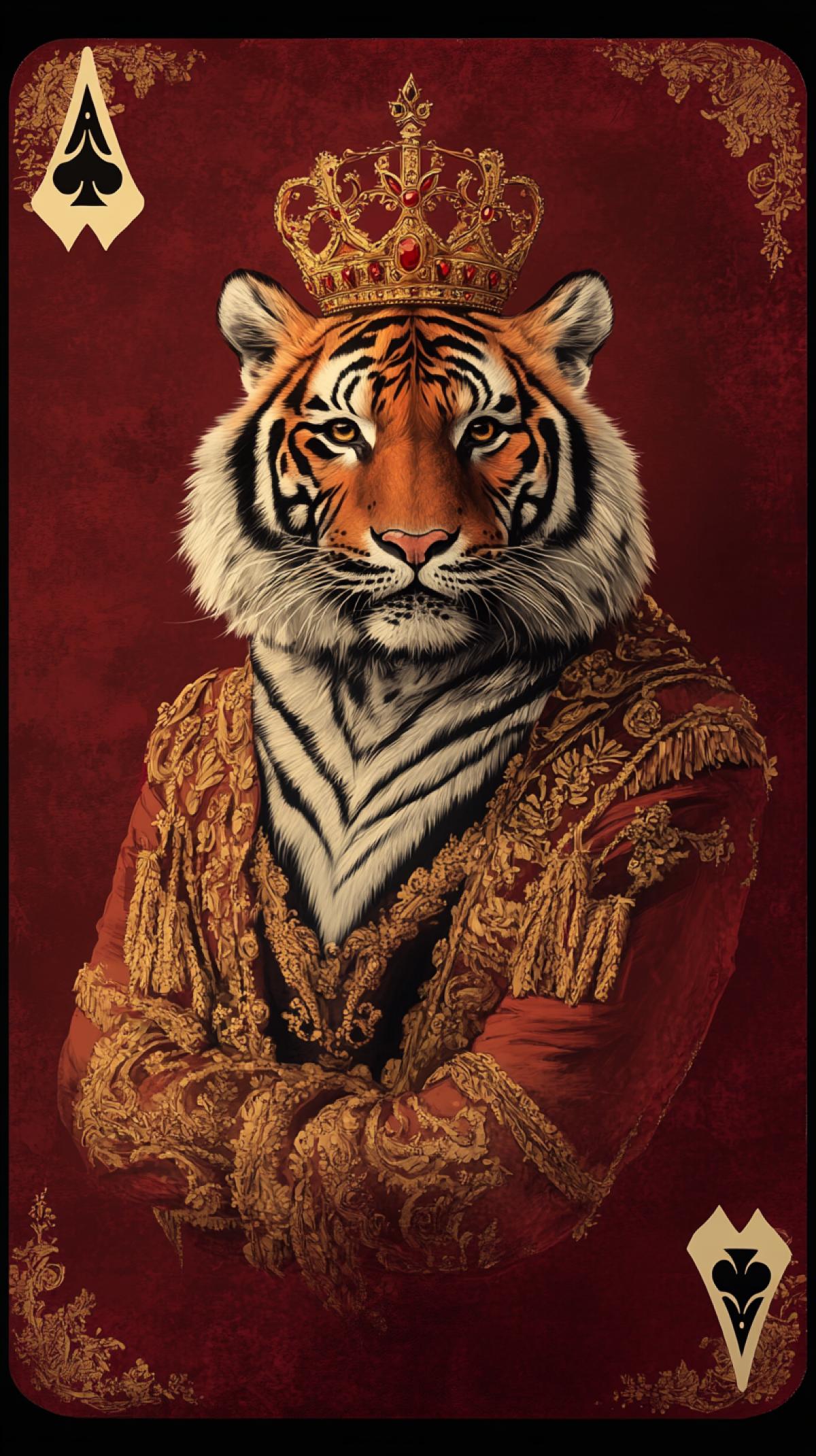 illustration of a playing card with the image of a humanized tiger in a golden royal coat, crown on his head, ace of spades playing card, proud strong-willed look, on a red velvet background