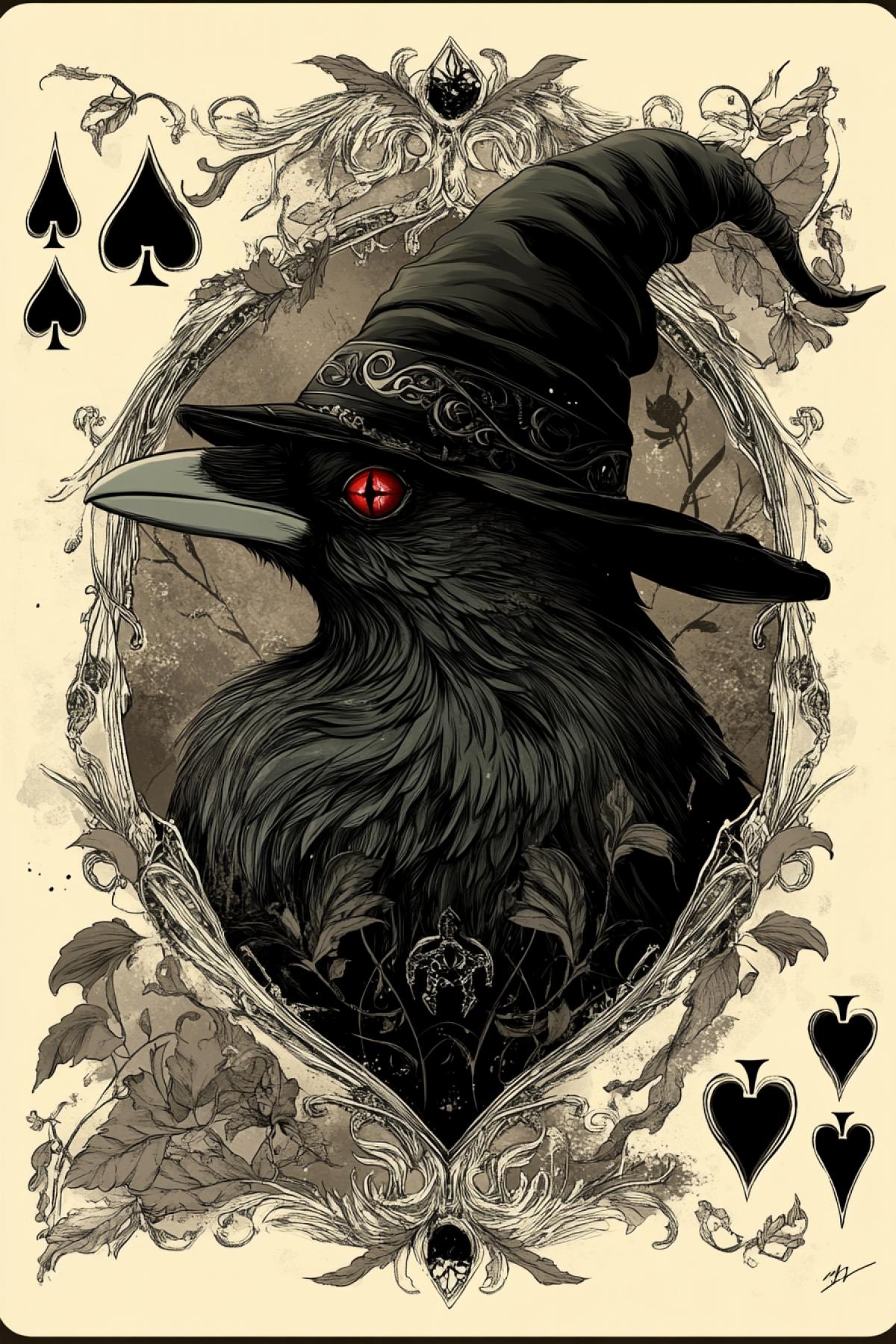 A playing card design featuring an Ace of Spades with the central figure being a satanic demon raven with red eyes near a witch’s hat. Dynamic 4k and dramatic character. The background is muted earth tones to contrast against the dark border and white illustrations of vines, plants, magic symbols, and leaves around it.