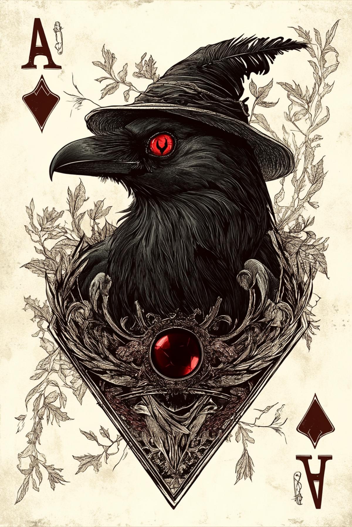 A playing card design featuring an Ace of Spades with the central figure being a satanic demon raven with red eyes near a witch’s hat. Dynamic 4k and dramatic character. The background is muted earth tones to contrast against the dark border and white illustrations of vines, plants, magic symbols, and leaves around it.