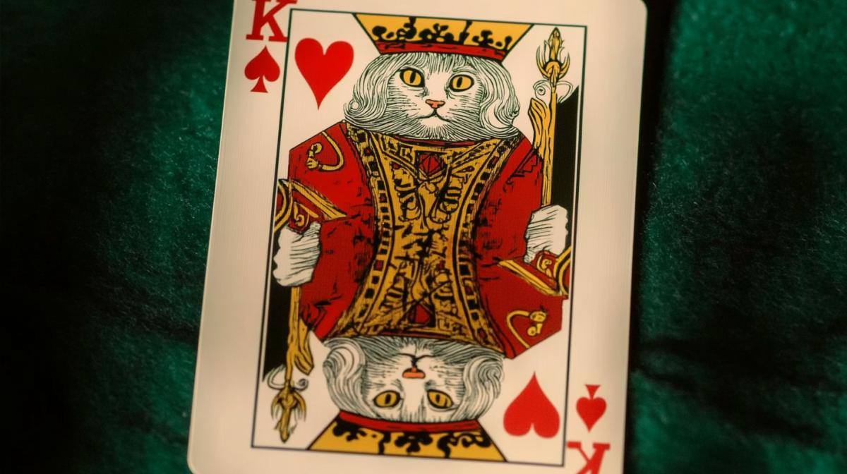A playing card, instead of the suit, the letter \"K\", an important cat king, the image is parallel, the opposite. High quality