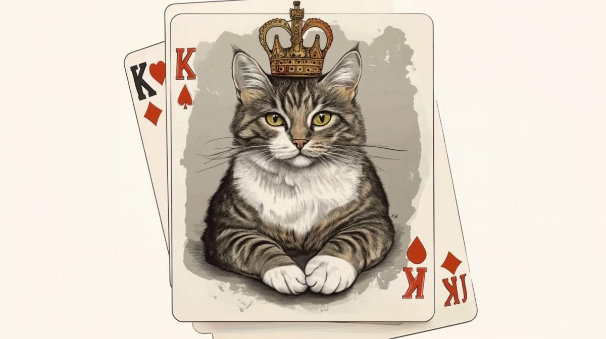 A playing card, instead of the suit, the letter \"K\", an important cat king, the image is parallel, the opposite. High quality
